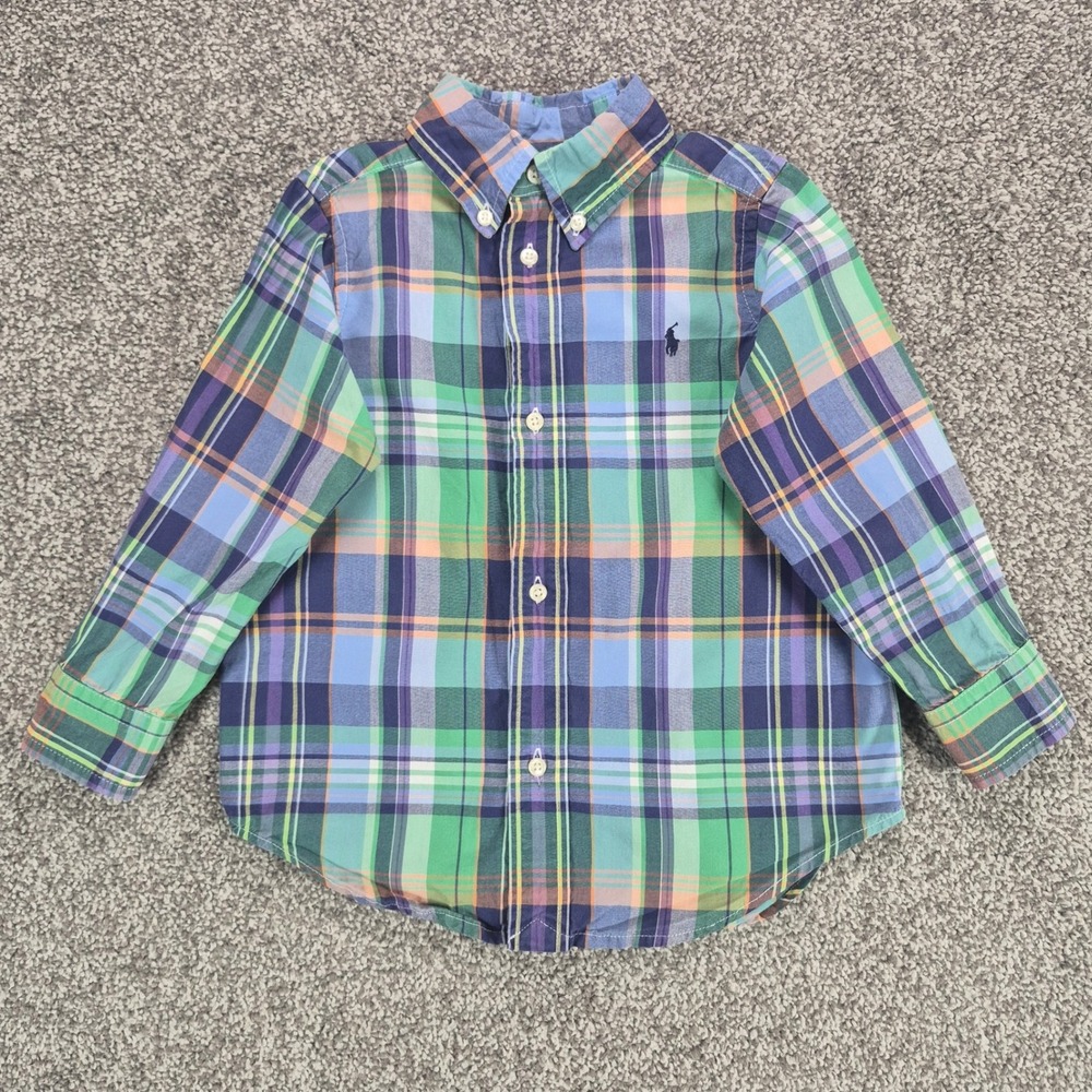 Ralph Lauren Shirt Boys 2T Green Blue Plaid Long Sleeve Button Down Cotton